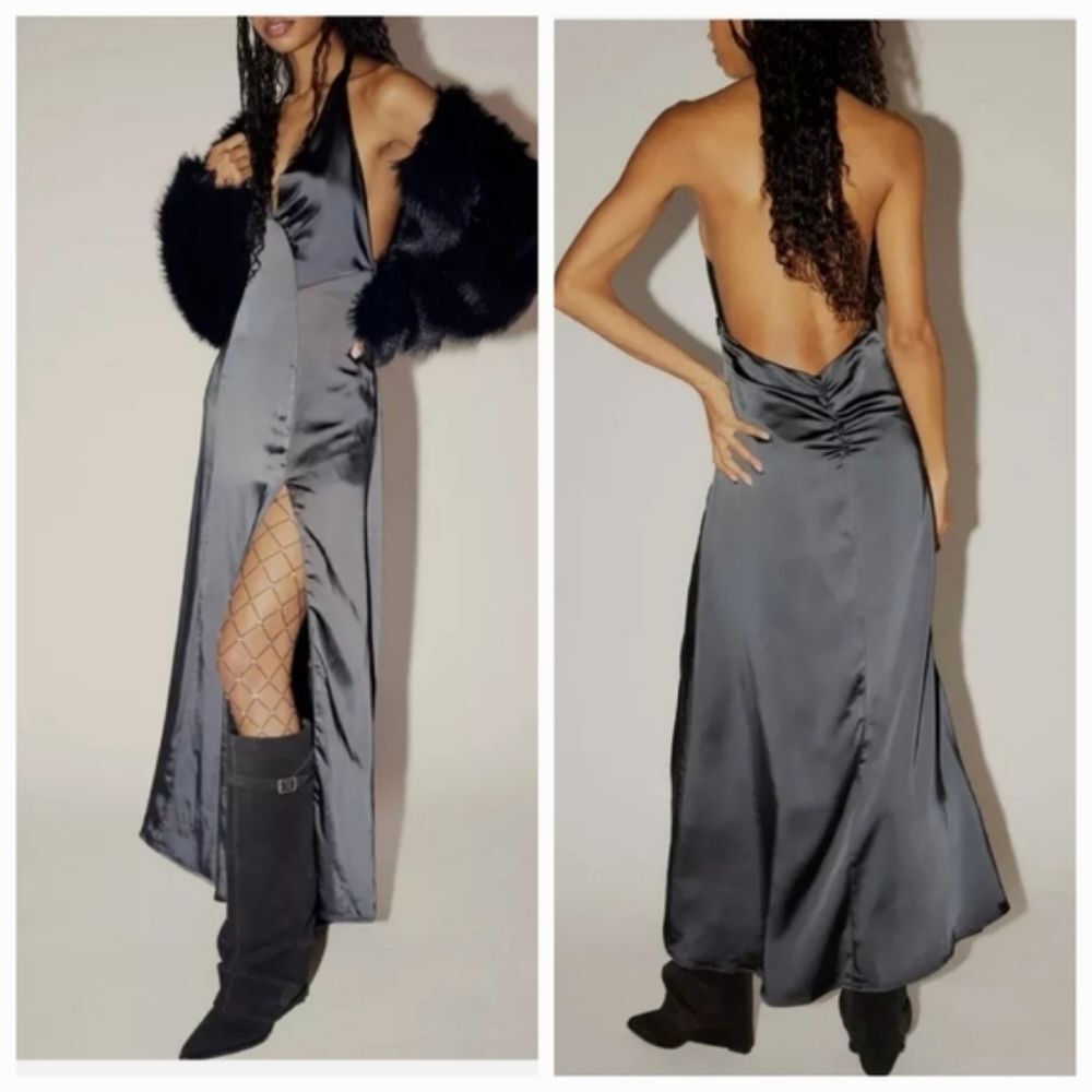 FREE PEOPLE DANCE TIL DAWN SATIN HALTER MAXI SLIT DRESS Sz M NWT